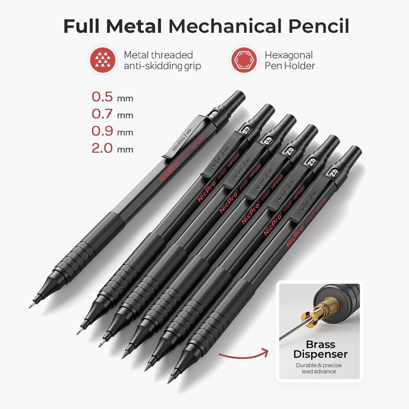 Nicpro 30PCS Black Metal Mechanical Pencil Set in Leather Case, Art Drafting Pencil 0.5, 0.7, 0.9 mm, 2mm Lead Pencil Holders for Sketching Drawing With 16 Tube (6B 4B 2B HB 2H 4H Colors)Lead Refills - Image 2